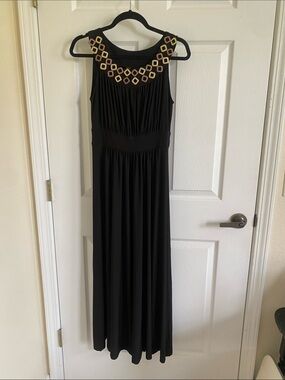 Sleeveless Black Maxi Dress with Gold Embellished Neckline
